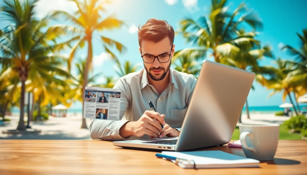South Florida Reporter captures a journalist writing in a vibrant beach setting.