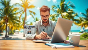 South Florida Reporter captures a journalist writing in a vibrant beach setting.