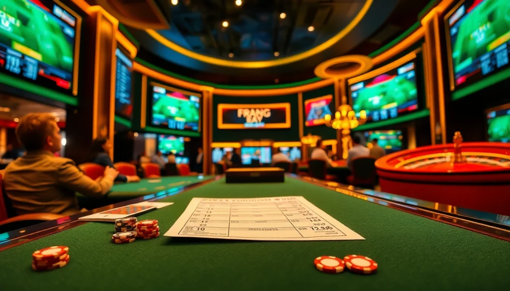 Gamblers engaging in Kèo Bóng Đá betting at a luxurious casino table with cards and chips.
