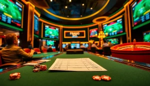 Gamblers engaging in Kèo Bóng Đá betting at a luxurious casino table with cards and chips.
