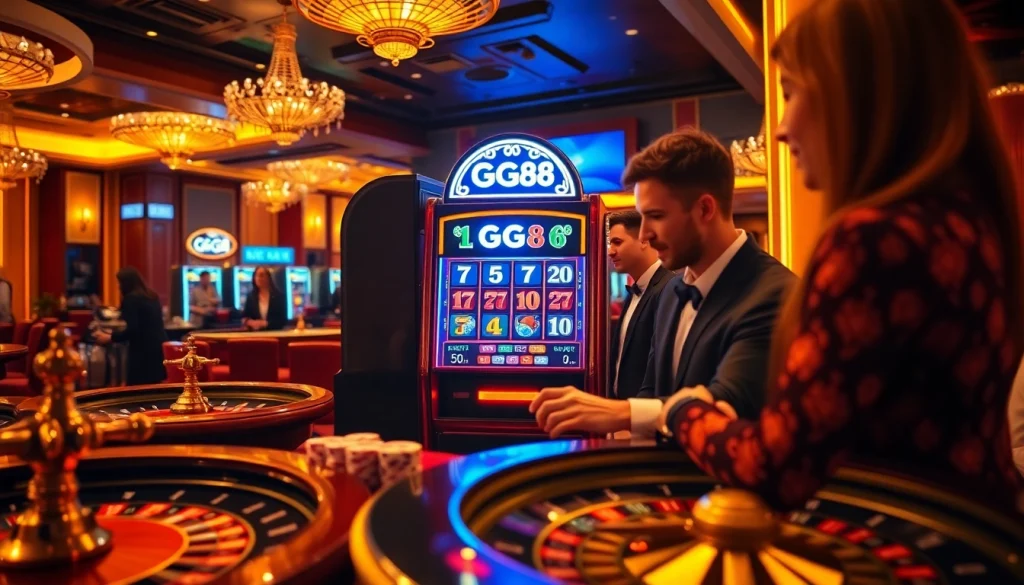 Players enjoying the gg88 slot machine in a luxurious casino atmosphere with vibrant lights and excitement.