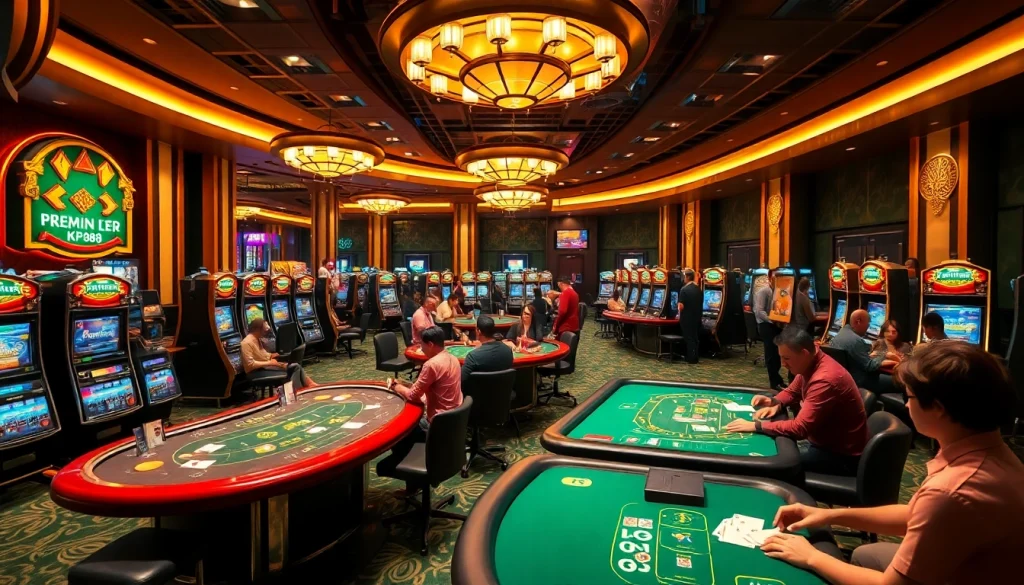Exciting casino scene with KP88 gaming elements, poker tables, and vibrant slot machines.