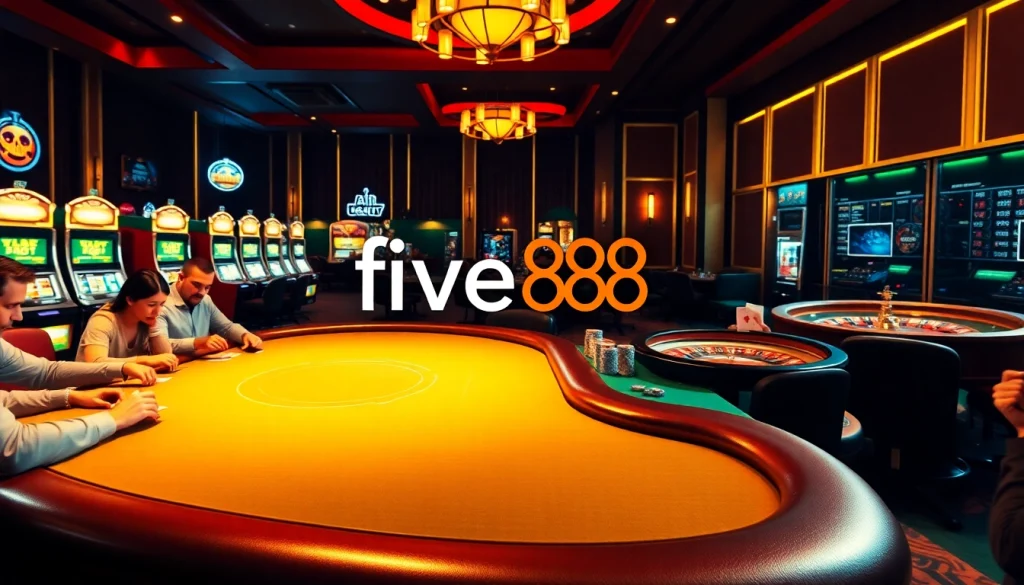 Experience the thrill of gambling at five88 with players engaged at a luxurious poker table.