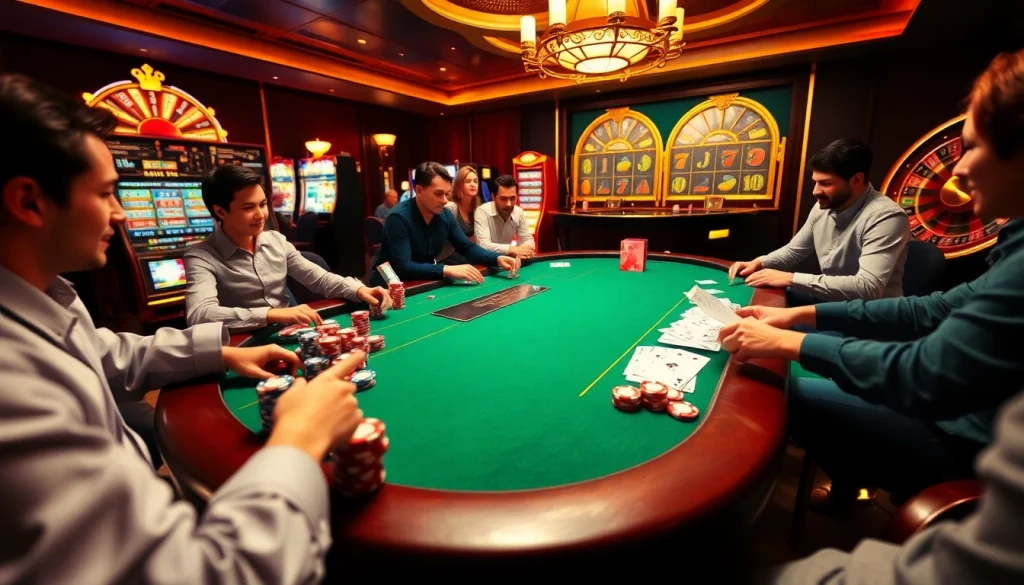 Exciting poker game at nhà cái fun79 with vibrant chips, cards, and casino atmosphere