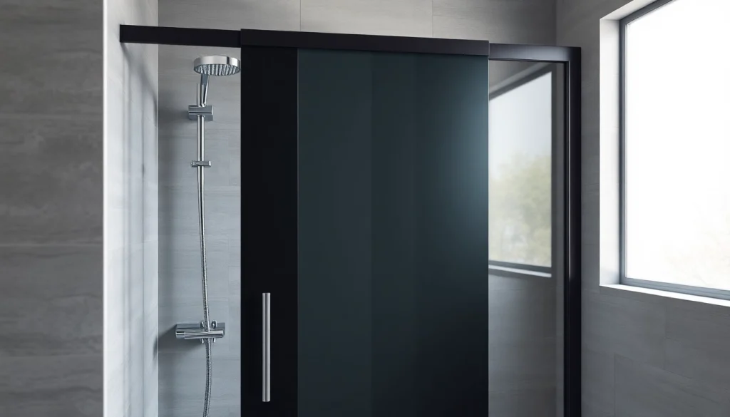 Enhance your bathroom with a stylish black shower sliding door in a modern setting.