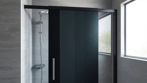 Enhance your bathroom with a stylish black shower sliding door in a modern setting.