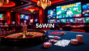 Experience thrilling gameplay at 56WIN with poker chips and roulette wheels in a luxurious casino setting.