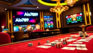 Alo789 elevates the gambling experience at a luxurious casino table with vibrant poker chips and an engaging roulette wheel.