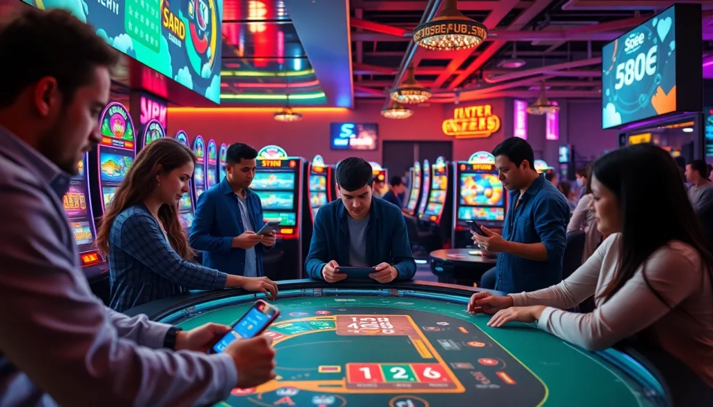 Exciting online gaming scene on 58ee with diverse players engaging in slots, poker, and sports betting.