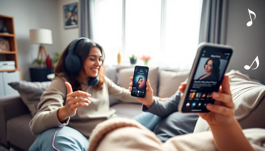 A user sharing their Apple Music Replay 2023 experience on social media while enjoying music in a cozy living room.