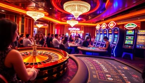 Players celebrating big wins at amanahtoto casino with vibrant games and luxurious atmosphere.