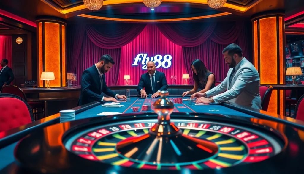 Engage with Fly88 at a thrilling casino poker table featuring vibrant colors and intense gameplay.