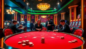 five88 vip gaming table with vibrant cards and poker chips in an elegant casino setting