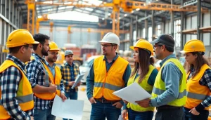 Team meeting at a construction site representing the construction association north carolina.
