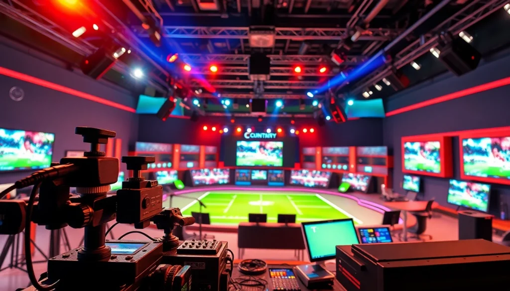 Dynamic sports broadcasting studio featuring advanced equipment and vibrant set design.