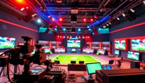 Dynamic sports broadcasting studio featuring advanced equipment and vibrant set design.