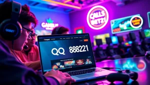 Menggambarkan pemain menikmati permainan qq8821 dengan laptop di lingkungan yang dinamis.