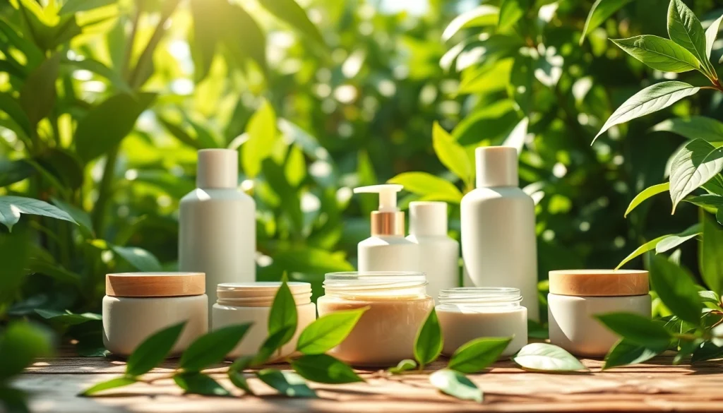 Ekologiska kosmetika su natūraliais ingredientais tarp žalumynų puošia medinį stalą.