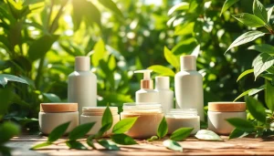 Ekologiska kosmetika su natūraliais ingredientais tarp žalumynų puošia medinį stalą.