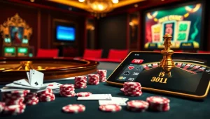 Engage with online gambling excitement at a casino en ligne france with vibrant poker chips and a roulette wheel.
