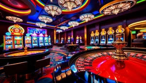 Experience the excitement of wins on fabet3.com during a lively casino night with roulette and poker tables.