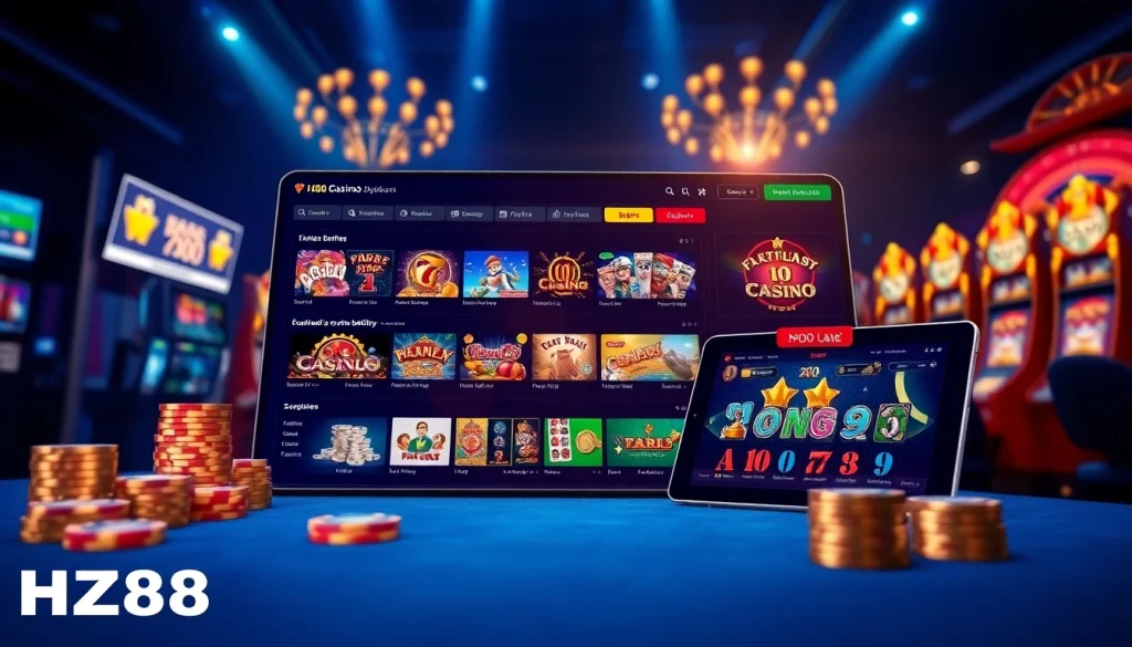 Dynamic online casino interface showcasing HZ88 with live games and betting options.