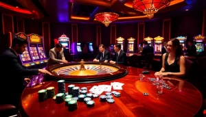 Experience the thrill of betting at http://fabet0.com/ with vibrant casino visuals of poker, roulette, and slots.
