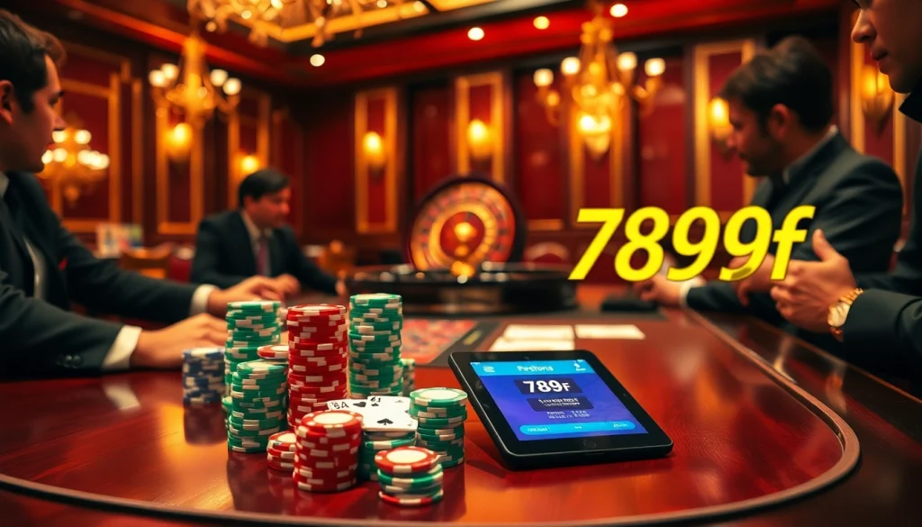 Players enjoying a high-stakes poker game at 789f casino, showcasing excitement and luxury.