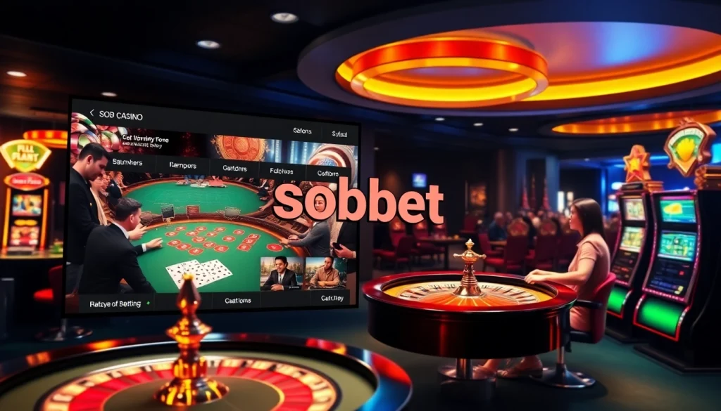 Experience sbobet online betting action with card tables and roulette wheels in a vibrant casino setting.