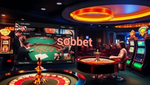 Experience sbobet online betting action with card tables and roulette wheels in a vibrant casino setting.