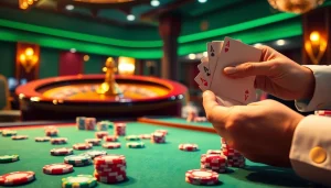 Engaging casino table scene featuring nhà cái KK55 with poker chips and a roulette wheel.