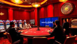 Experience the excitement of gaming at www.kjc.global with a high-stakes poker game surrounded by vibrant casino elements.