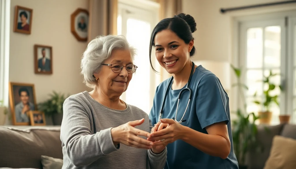 Engaging in home care austin tx, a caregiver assists an elderly woman in a cozy living room setting.