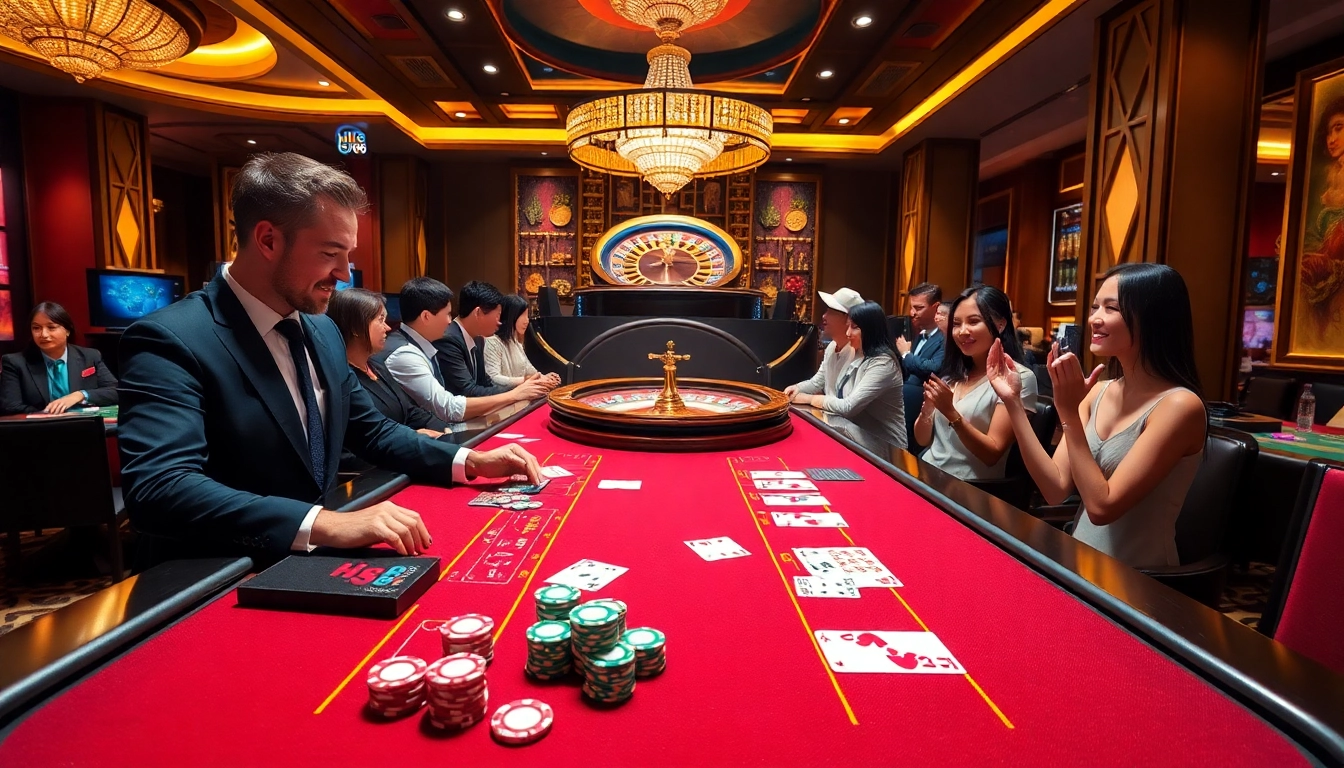 Players enjoying exciting card games at Hi88 casino with vibrant chips and roulette.