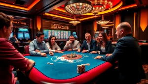 Excited players at a b52club poker game, surrounded by colorful chips and a roulette wheel.