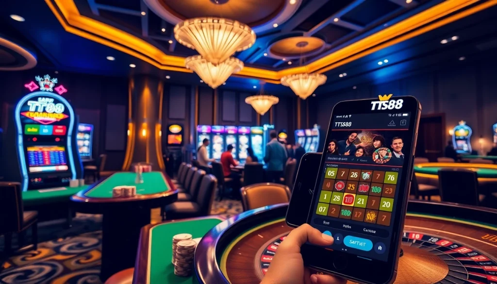 Experience thrilling moments at TT88's vibrant casino with poker chips and slot machines.