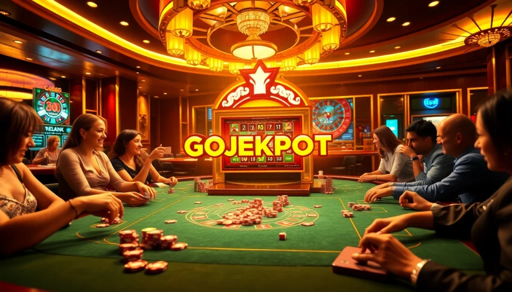 Experience the thrill of Gojekpot at a luxurious casino with vibrant games and eager players.