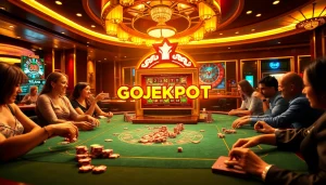 Experience the thrill of Gojekpot at a luxurious casino with vibrant games and eager players.