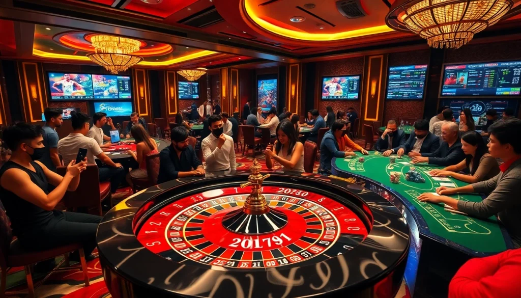 Betting excitement with tỷ lệ kèo displayed on screens in a luxurious casino atmosphere.