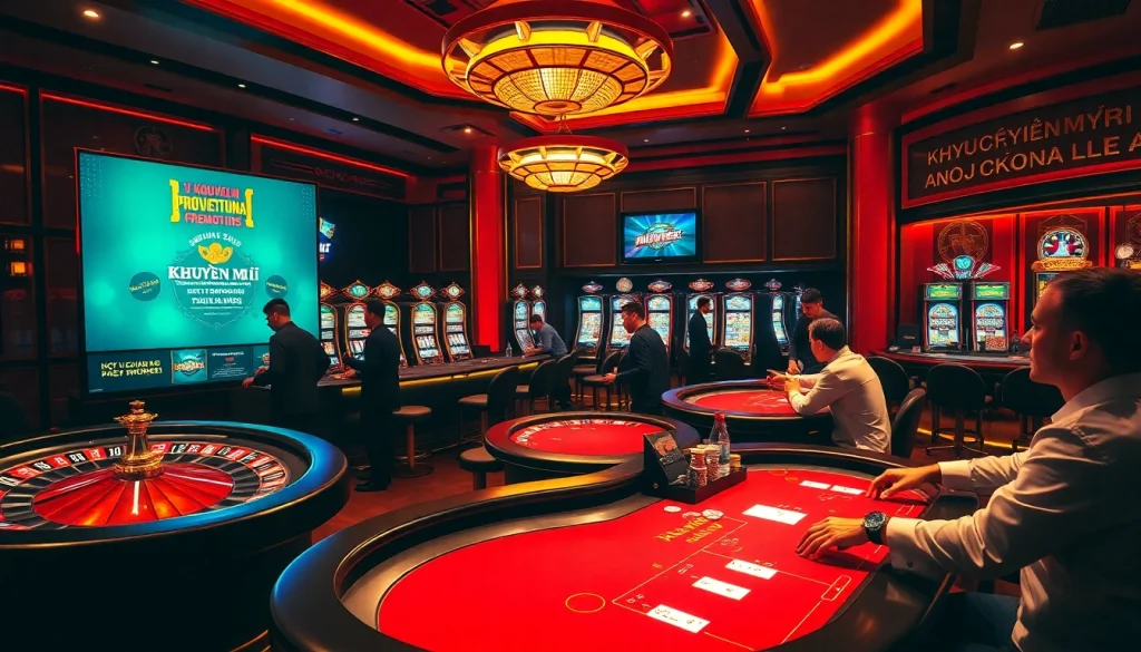 Experience the excitement of khuyến mãi okfun at a vibrant casino environment filled with games and players.