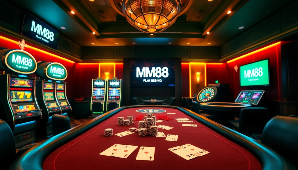 Experience the thrill of MM88 at a luxurious casino setting featuring poker and slot machines.