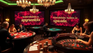 Engaged gamblers at a casino table displaying kontrolinės apyrankės su spauda, emphasizing excitement and strategy.