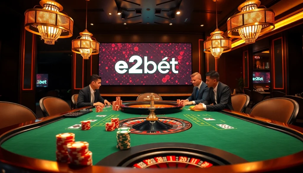 High-stakes poker game featuring nhà cái e2bet branding with vibrant colors and intense gamer interactions.