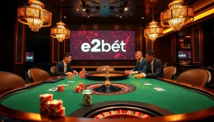High-stakes poker game featuring nhà cái e2bet branding with vibrant colors and intense gamer interactions.