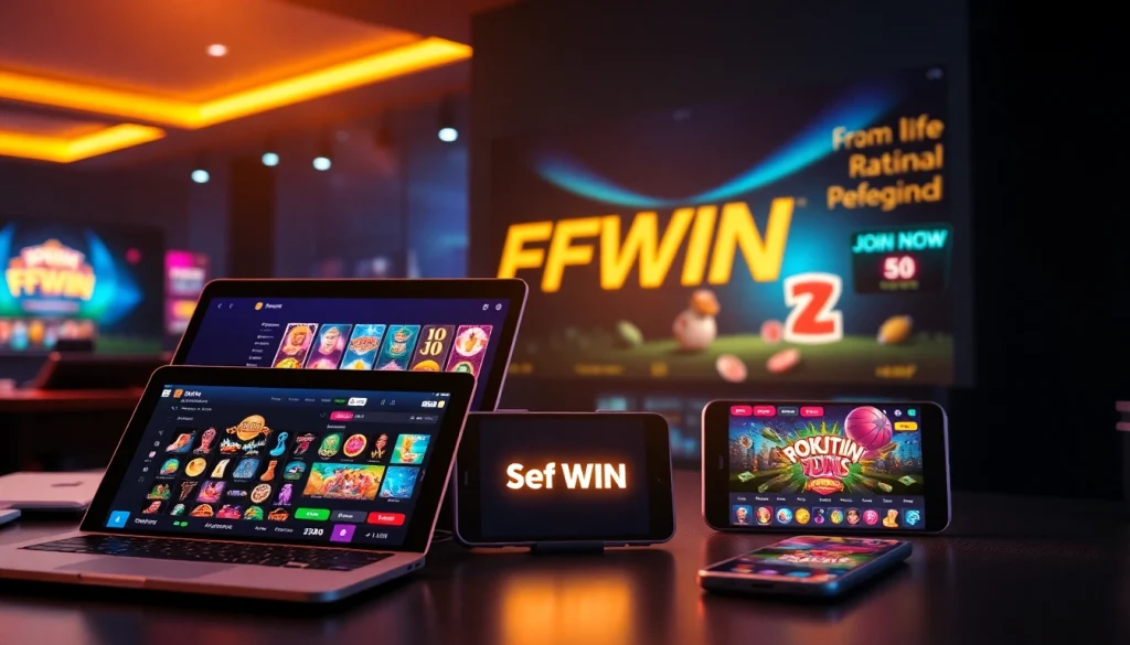 The FFWIN platform showcasing diverse online betting games on laptop, tablet, and smartphone in an engaging atmosphere.