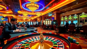 Adegan kasino yang menarik yang menampilkan pemain merasakan sensasi kemenangan Datuk di meja poker dan roulette.