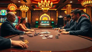 Experience the thrill of Dominoqiu with players engaging at a vibrant casino poker table.