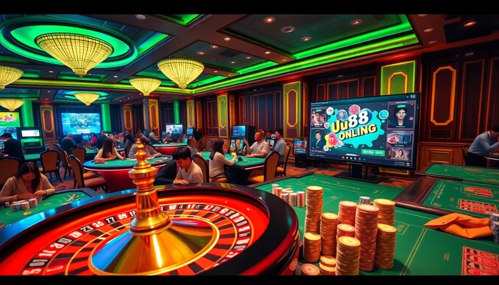 Exciting gameplay at uu88 game with roulette and poker chips in a luxury casino atmosphere.