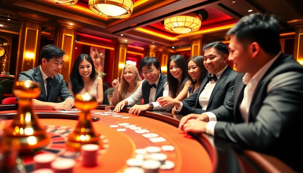 Players enjoying a thrilling game at KP88 casino, surrounded by vibrant decor and excitement.