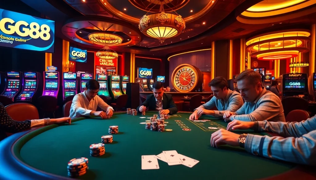 Engaged players at a GG88 casino poker table, with vibrant slot machines and roulette wheels around.